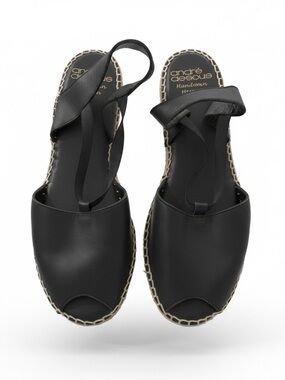 Andre Assous Black Leather Espadrille Slingback Sandals with Jute Trim